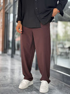 Coffee Brown Waffle Fabric Lycra Baggy Pants JJ-247