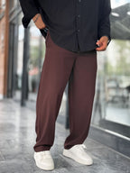 Coffee Brown Waffle Fabric Lycra Baggy Pants JJ-247