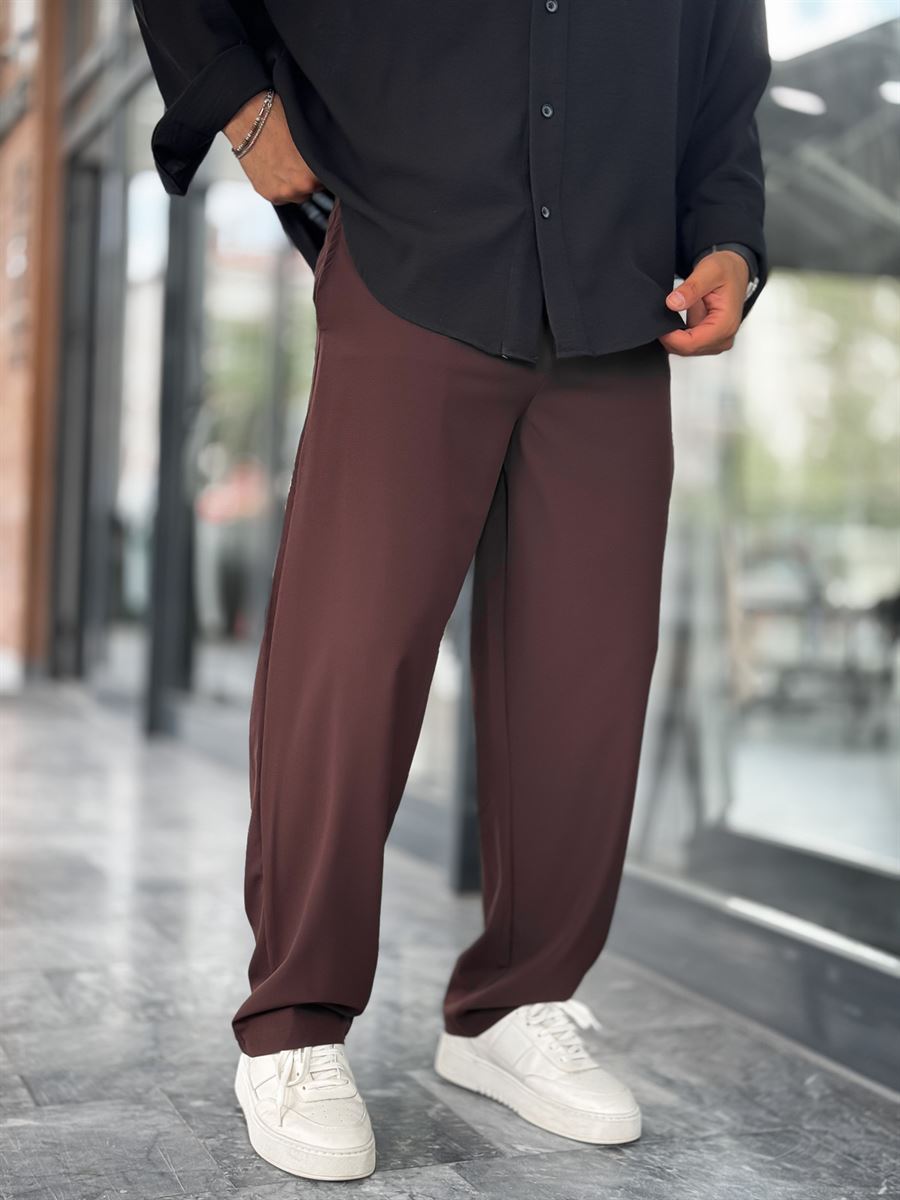 Coffee Brown Waffle Fabric Lycra Baggy Pants JJ-247