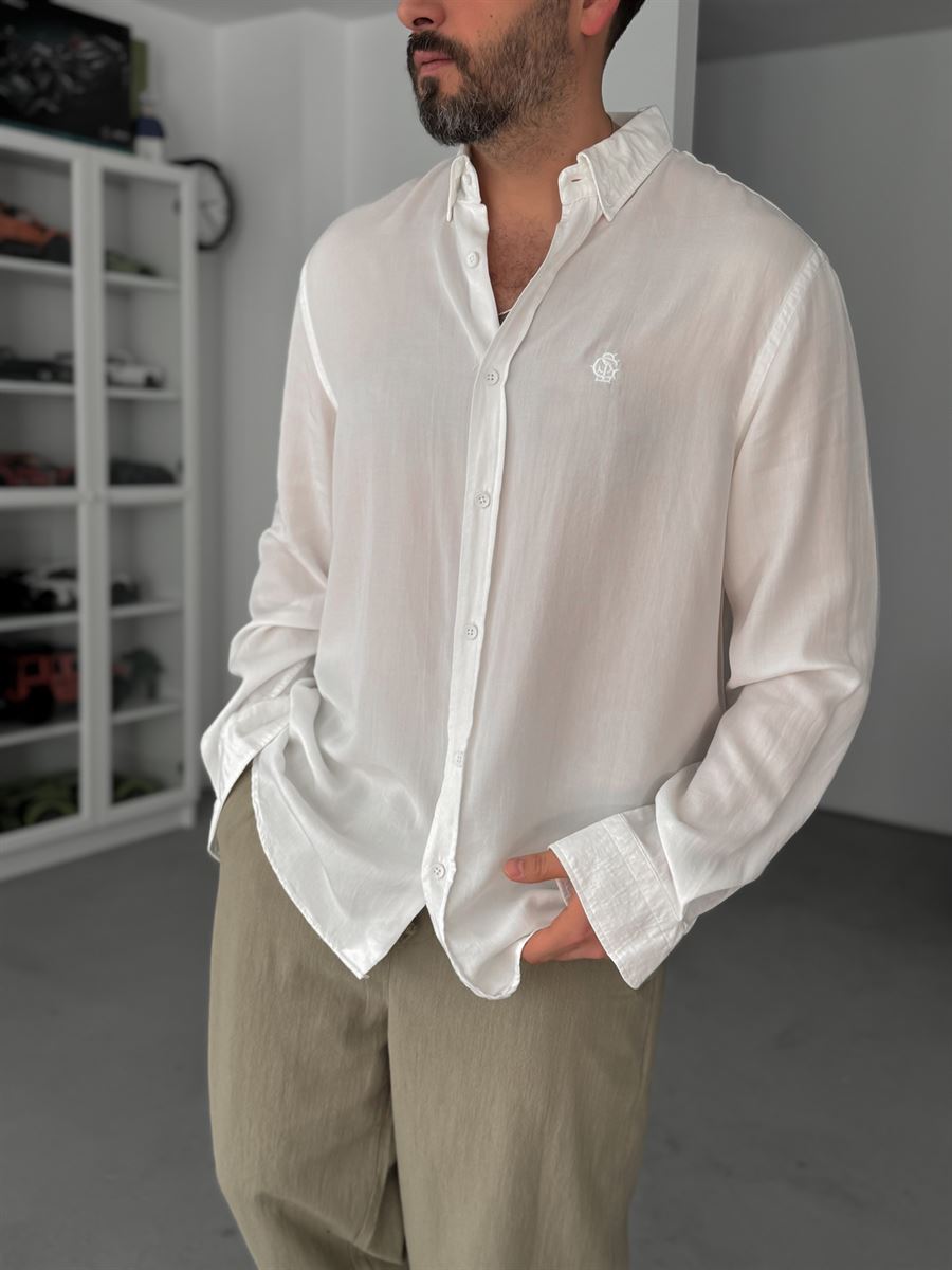 White Embroidered Tencel Oversize Shirt G-5792