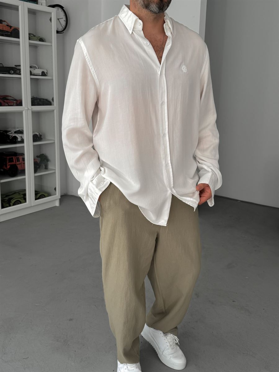 White Embroidered Tencel Oversize Shirt G-5792