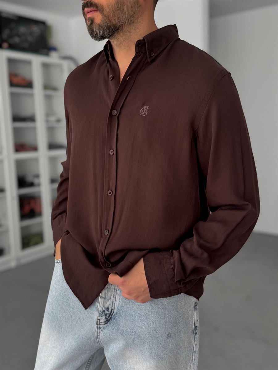 Coffee Embroidered Tencel Oversize Shirt G-5792