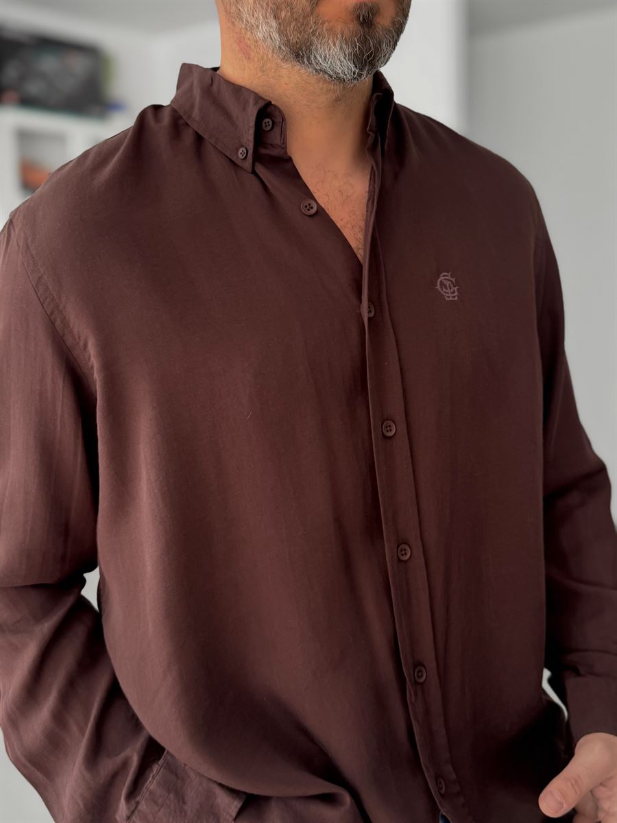 Coffee Embroidered Tencel Oversize Shirt G-5792