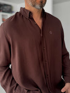 Coffee Embroidered Tencel Oversize Shirt G-5792