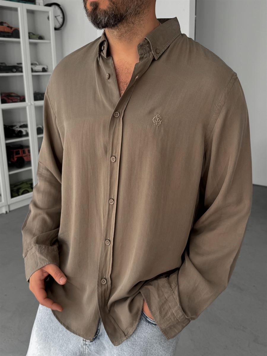 Light Brown Embroidered Tencel Oversize Shirt G-5792