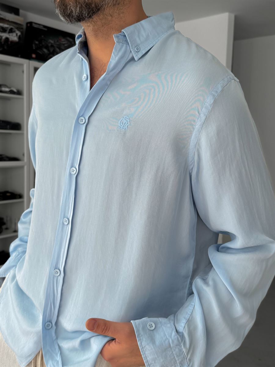 Light Blue Embroidered Tencel Oversize Shirt G-5792