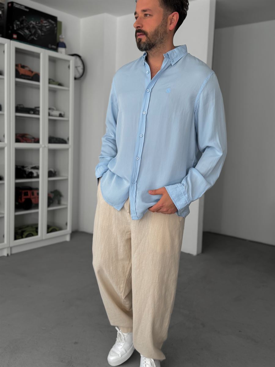 Light Blue Embroidered Tencel Oversize Shirt G-5792