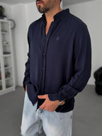Navy Embroidered Tencel Oversize Shirt G-5792