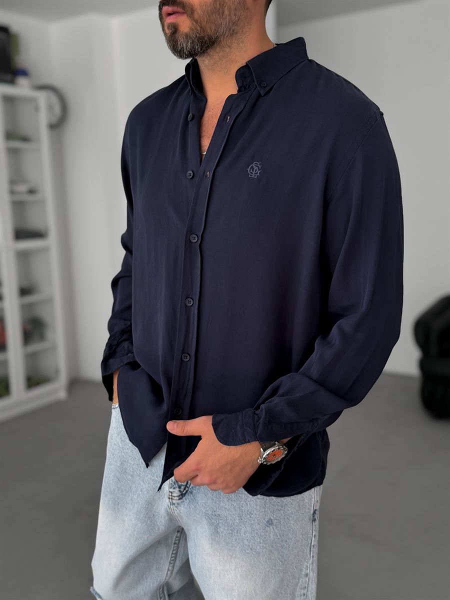 Navy Embroidered Tencel Oversize Shirt G-5792