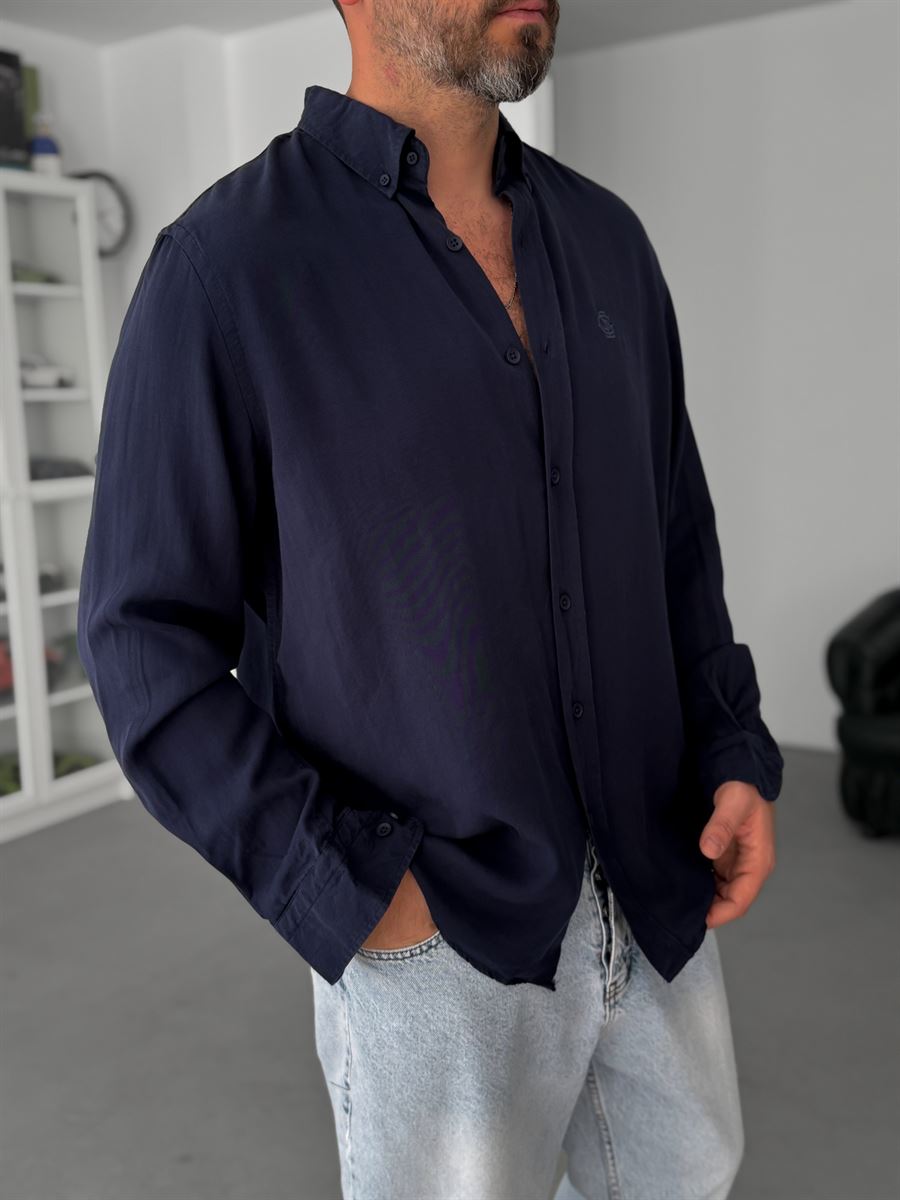 Navy Embroidered Tencel Oversize Shirt G-5792