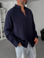 Navy Embroidered Tencel Oversize Shirt G-5792