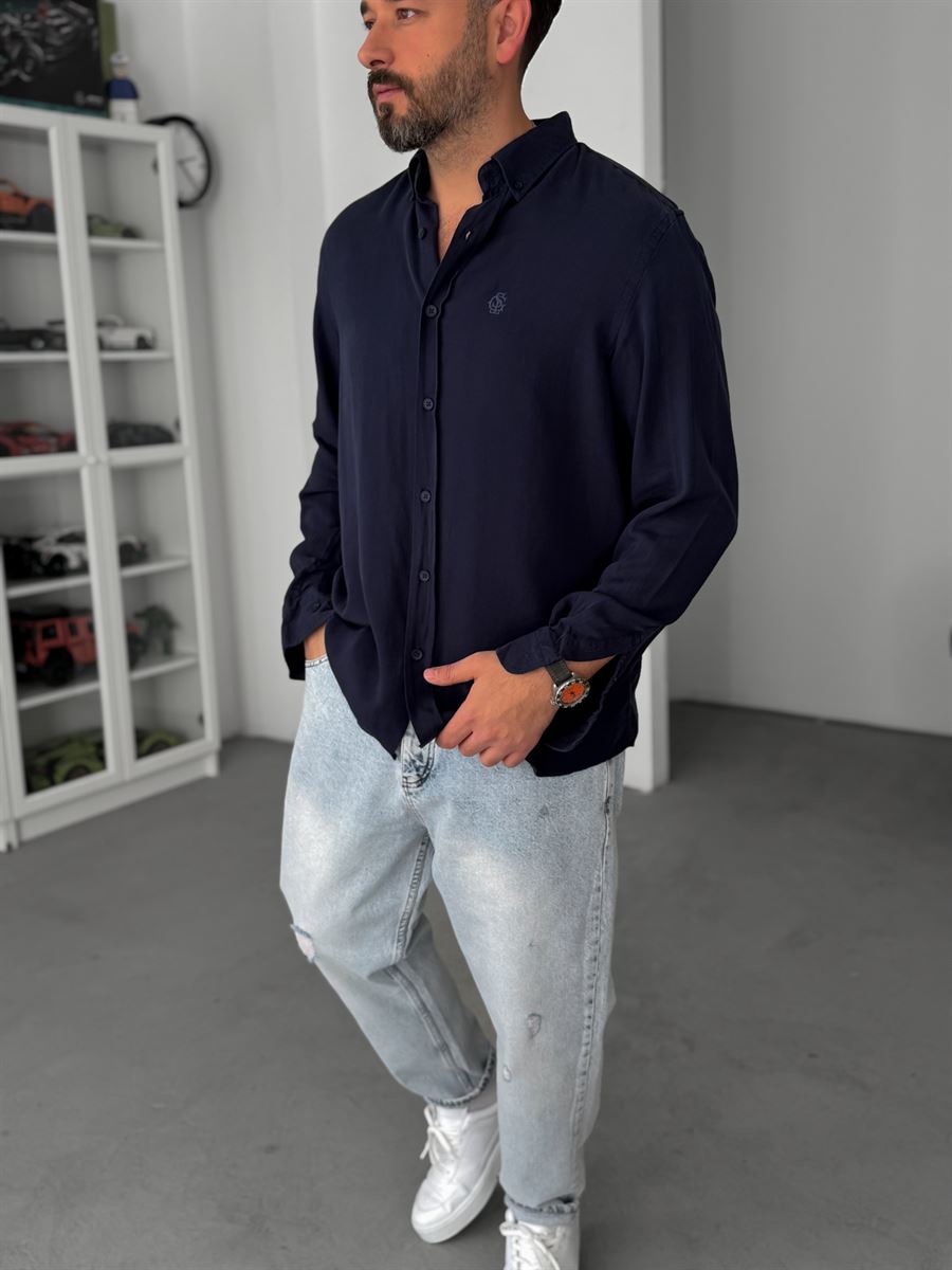 Navy Embroidered Tencel Oversize Shirt G-5792