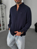 Navy Embroidered Tencel Oversize Shirt G-5792