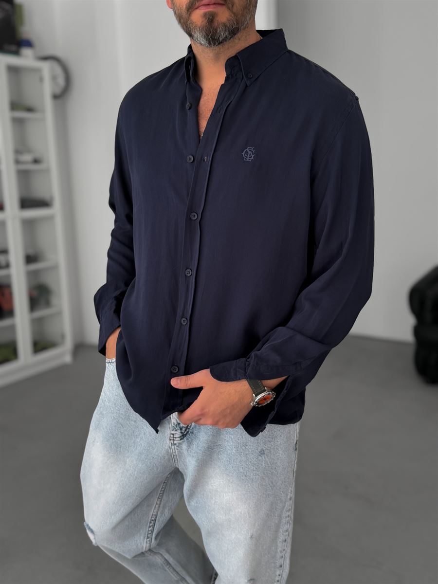 Navy Embroidered Tencel Oversize Shirt G-5792