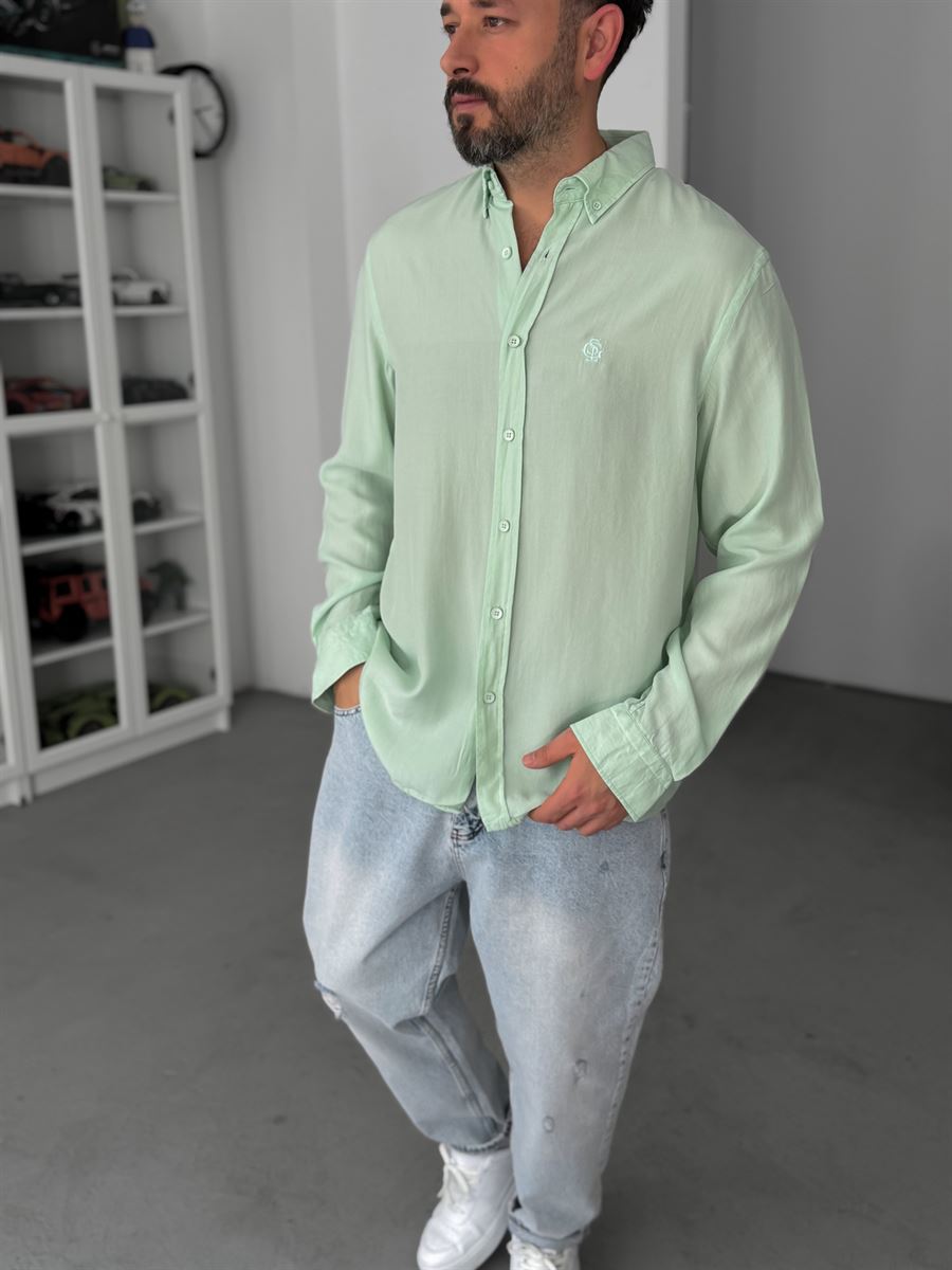 Light Green Embroidered Tencel Oversize Shirt G-5792
