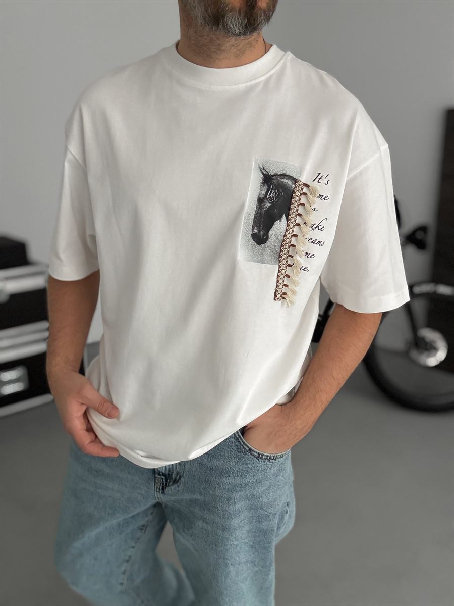 White Tassel Horse Print Oversize T-Shirt SW-5106