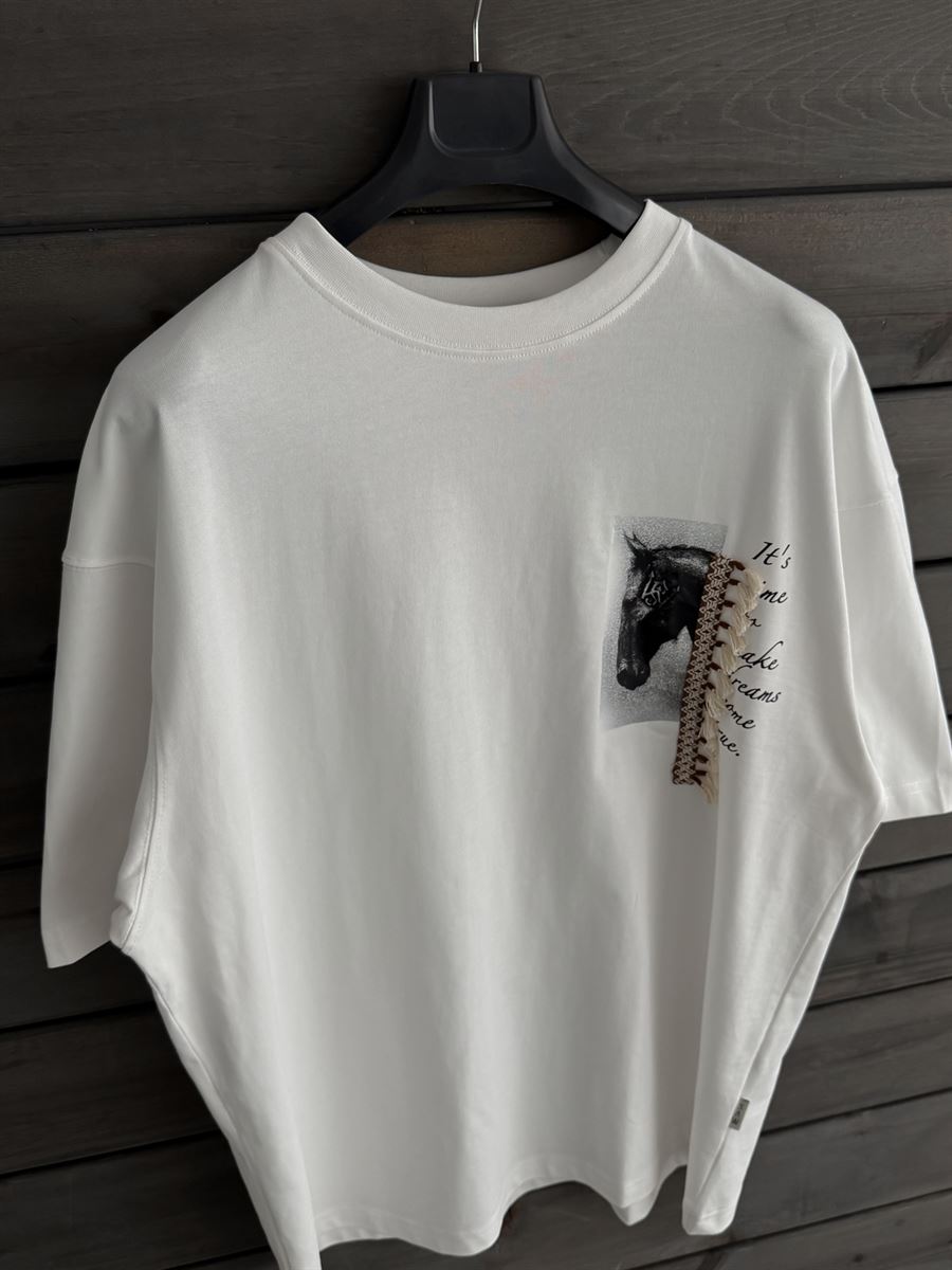 White Tassel Horse Print Oversize T-Shirt SW-5106