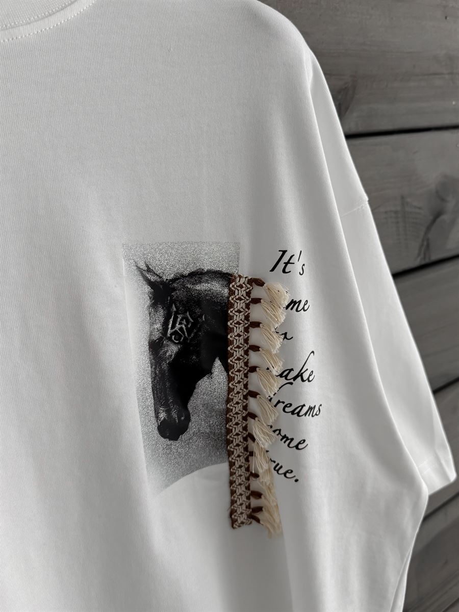 White Tassel Horse Print Oversize T-Shirt SW-5106