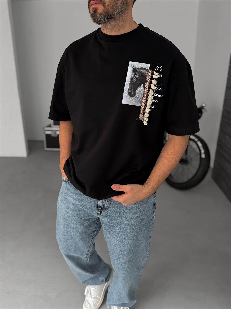 Black Tassel Horse Print Oversize T-Shirt SW-5106