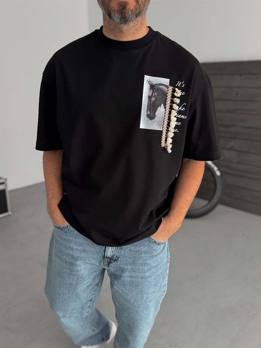 Black Tassel Horse Print Oversize T-Shirt SW-5106