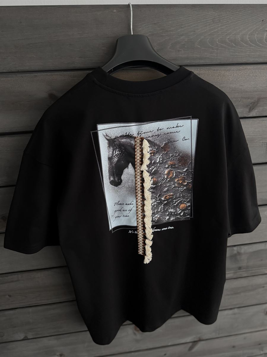 Black Tassel Horse Print Oversize T-Shirt SW-5106