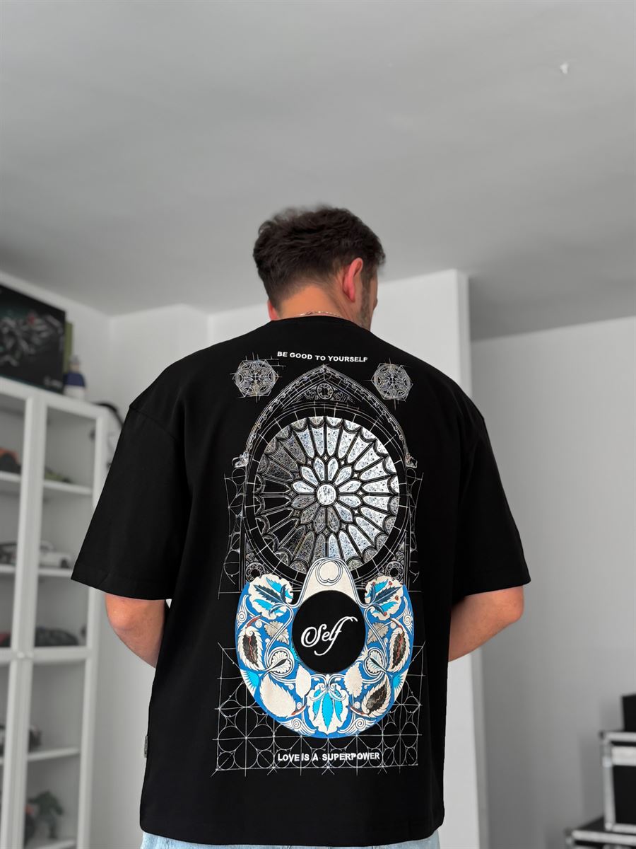 Black Self-Embroidered Back Print Oversize T-Shirt SW-5056