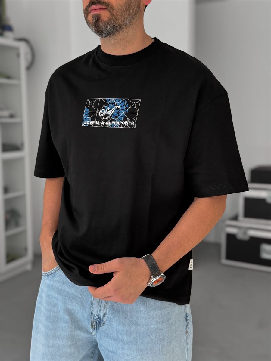 Black Self-Embroidered Back Print Oversize T-Shirt SW-5056