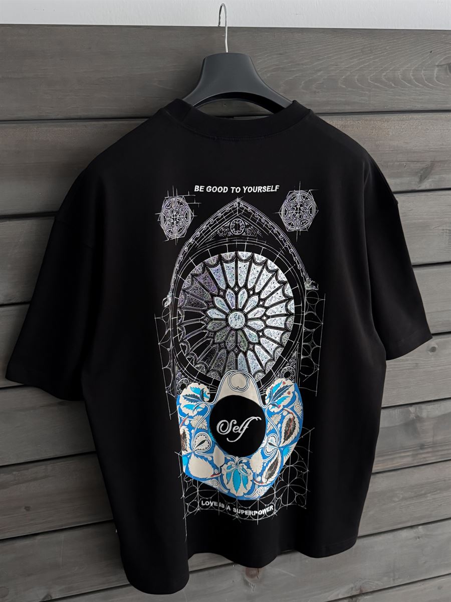 Black Self-Embroidered Back Print Oversize T-Shirt SW-5056