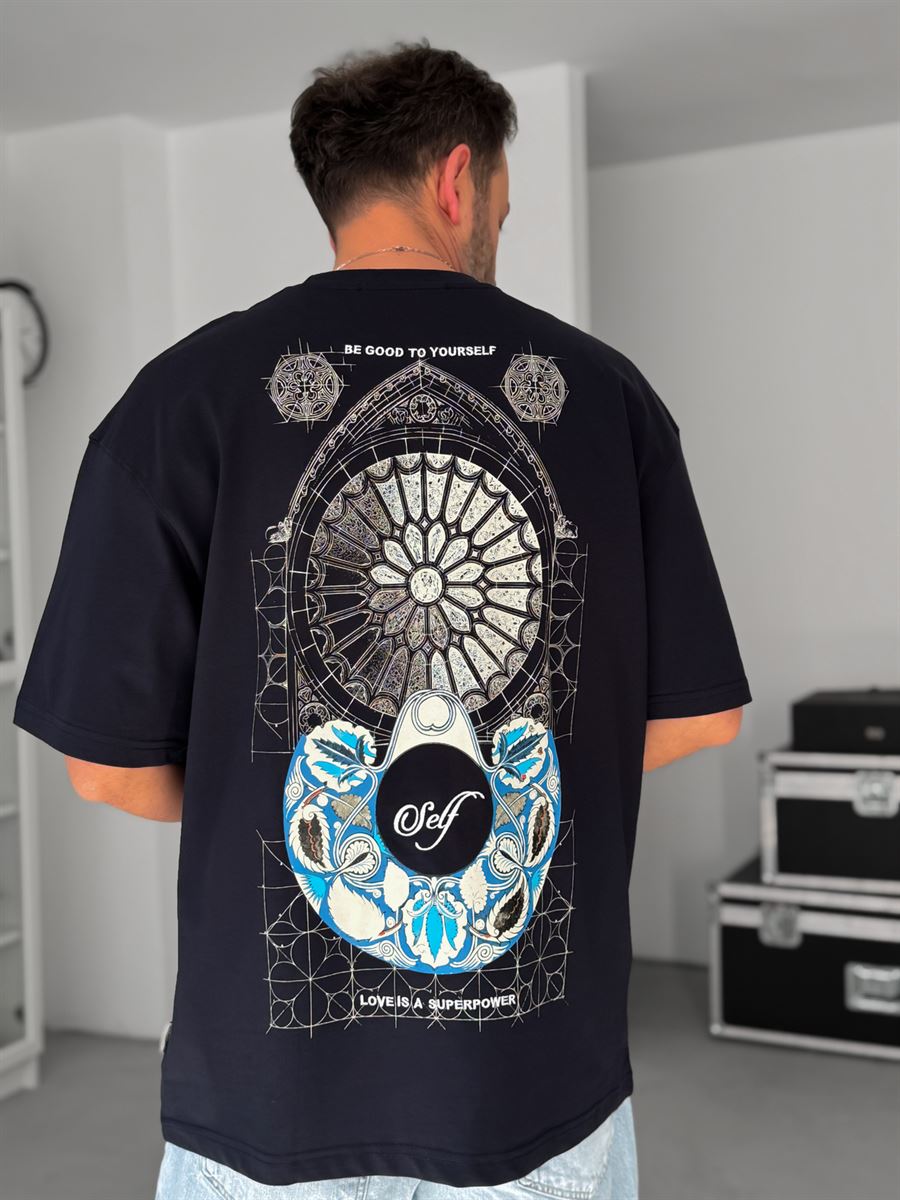 Navy Blue Self-Embroidered Back Print Oversize T-Shirt SW-5056
