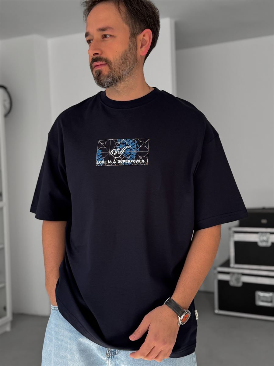 Navy Blue Self-Embroidered Back Print Oversize T-Shirt SW-5056