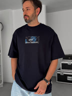 Navy Blue Self-Embroidered Back Print Oversize T-Shirt SW-5056