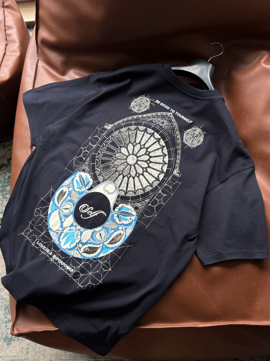 Navy Blue Self-Embroidered Back Print Oversize T-Shirt SW-5056