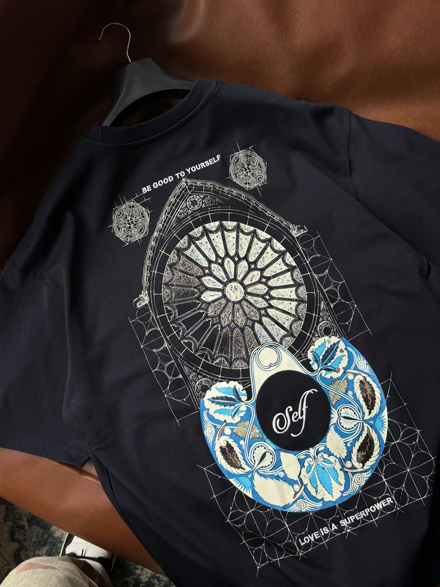 Navy Blue Self-Embroidered Back Print Oversize T-Shirt SW-5056