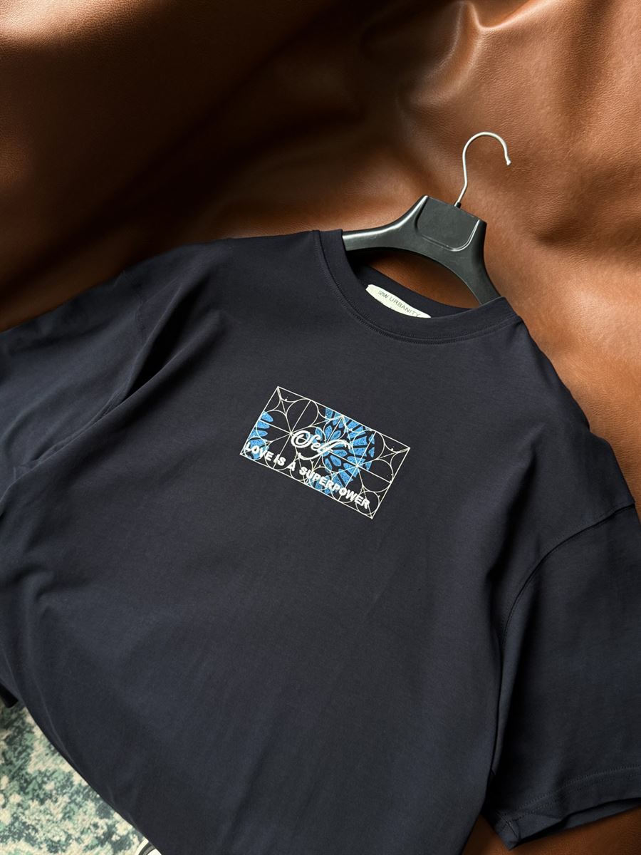 Navy Blue Self-Embroidered Back Print Oversize T-Shirt SW-5056