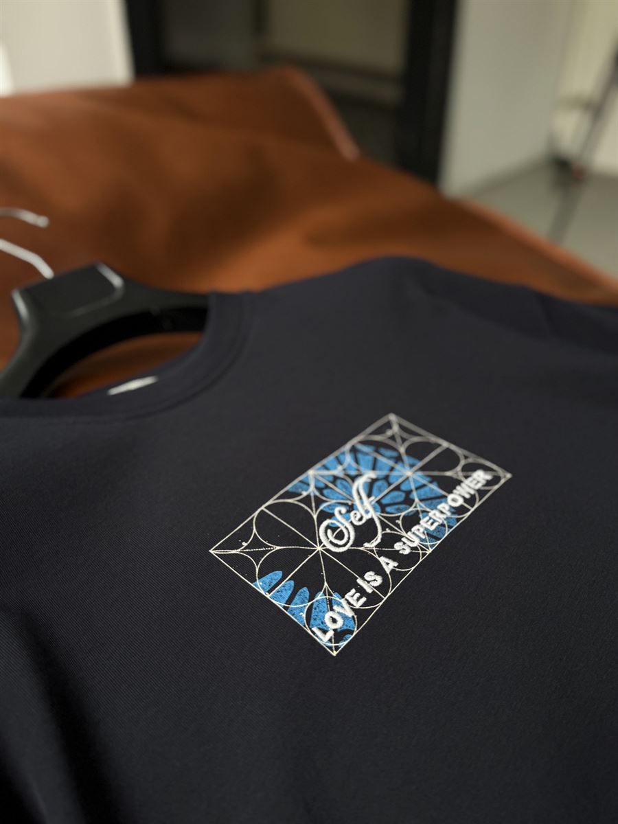 Navy Blue Self-Embroidered Back Print Oversize T-Shirt SW-5056