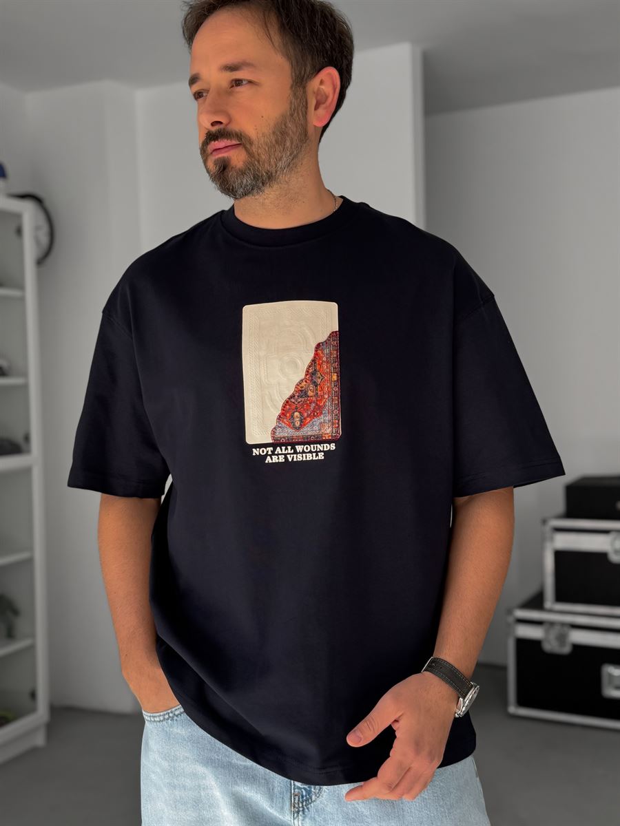 Navy Blue Back Embossed Oversize T-Shirt SW-5084