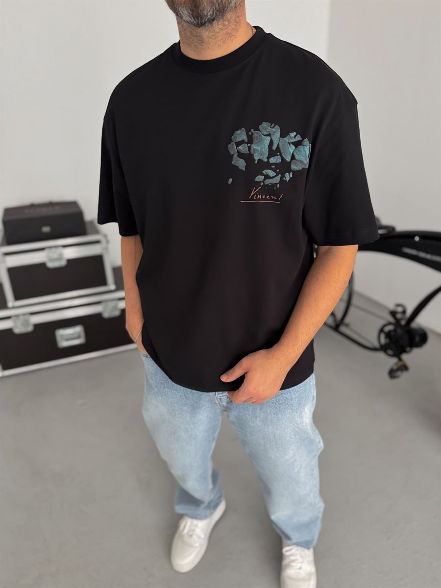 Black Broken Vincent Embossed Oversize T-Shirt SW-5058