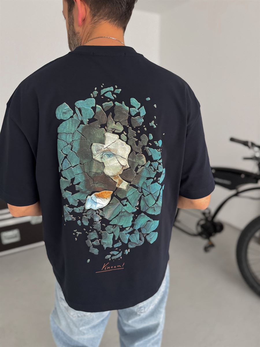 Navy Broken Vincent Embossed Oversize T-Shirt SW-5058