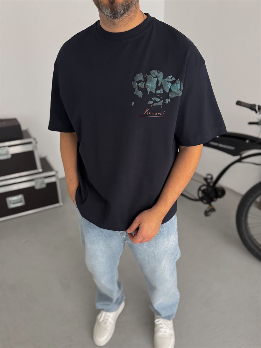 Navy Broken Vincent Embossed Oversize T-Shirt SW-5058