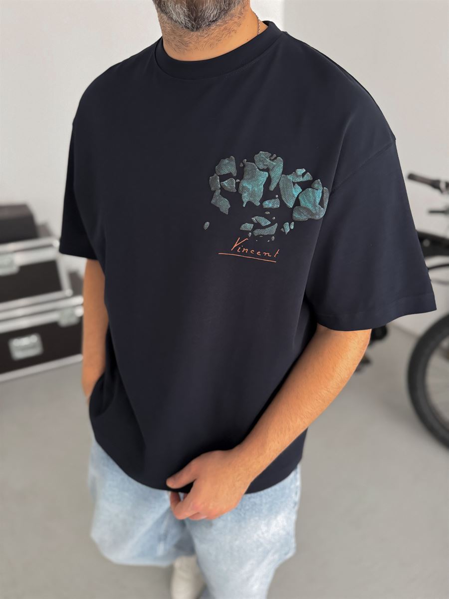 Navy Broken Vincent Embossed Oversize T-Shirt SW-5058