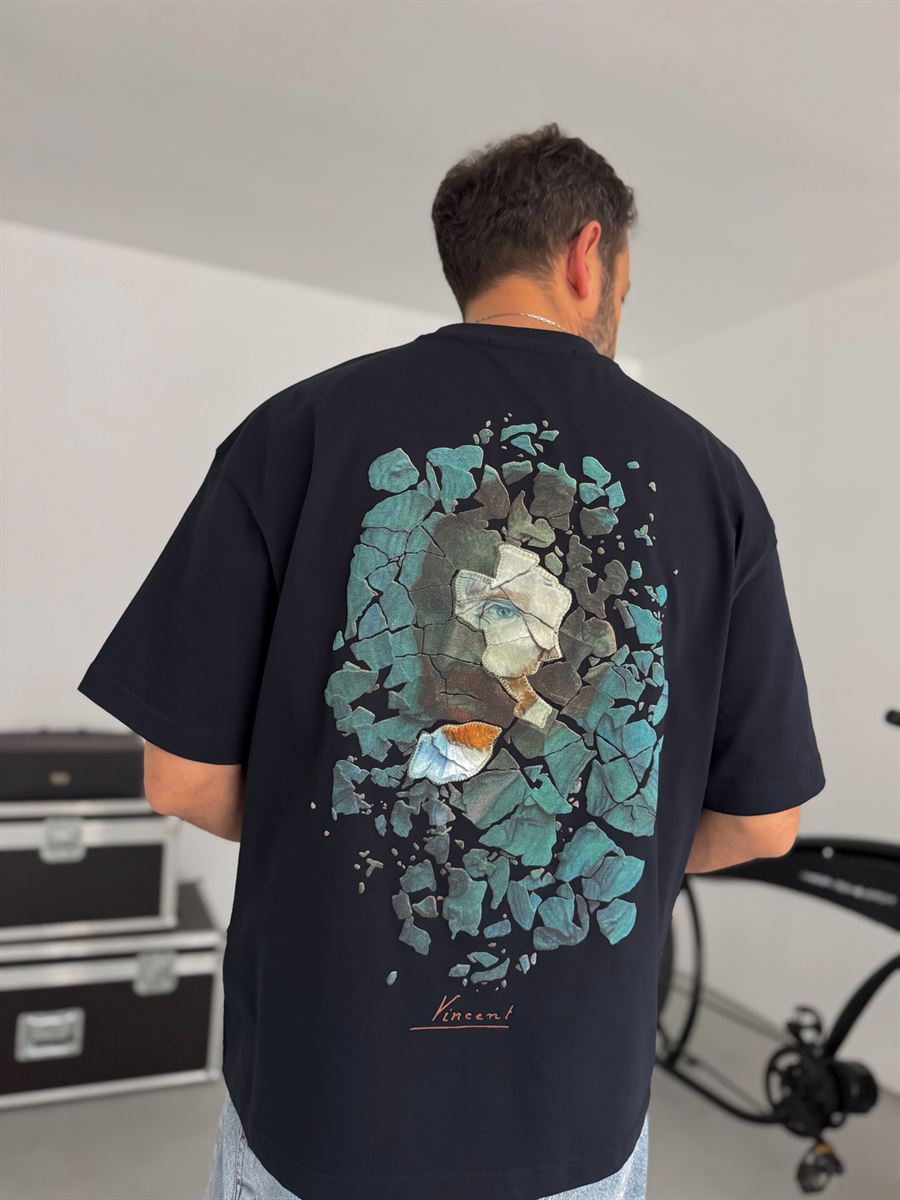 Navy Broken Vincent Embossed Oversize T-Shirt SW-5058