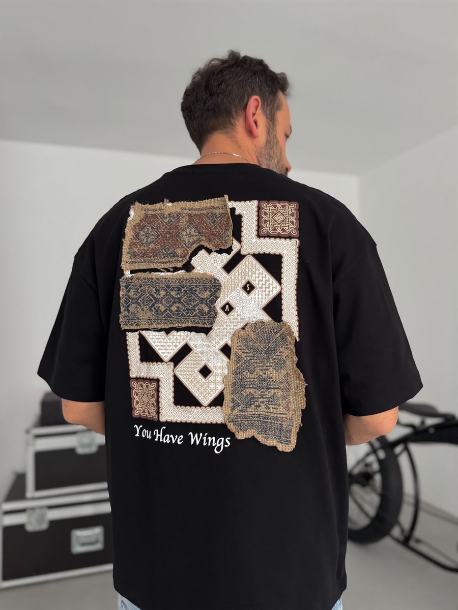 Black Oversize T-Shirt with Woven Back Detail SW-5126