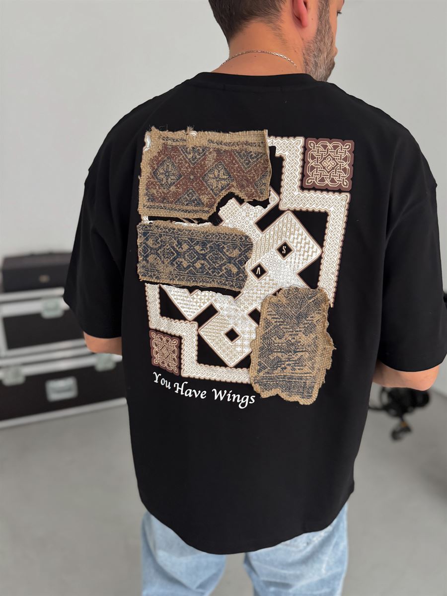 Black Oversize T-Shirt with Woven Back Detail SW-5126