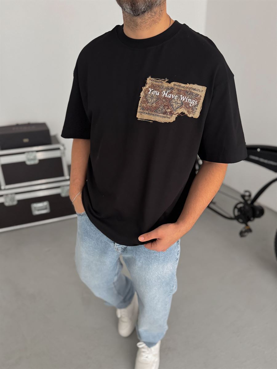 Black Oversize T-Shirt with Woven Back Detail SW-5126