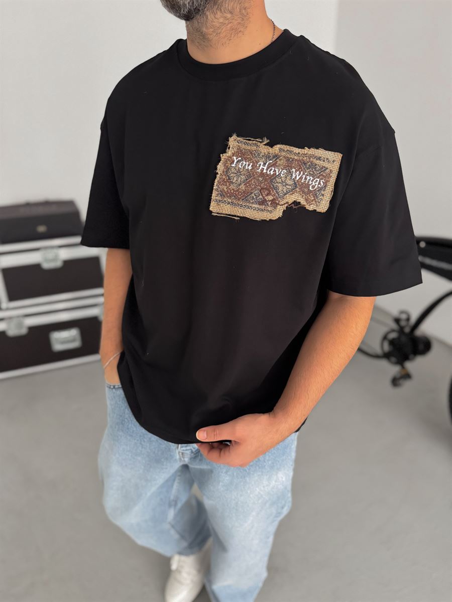 Black Oversize T-Shirt with Woven Back Detail SW-5126