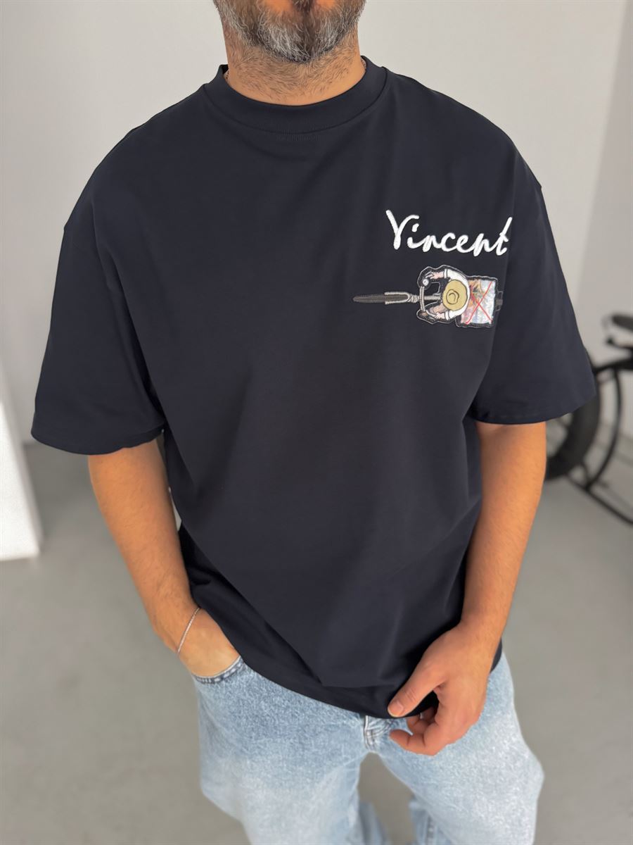 Navy Blue Vincent Embroidered Oversize T-Shirt SW-5073