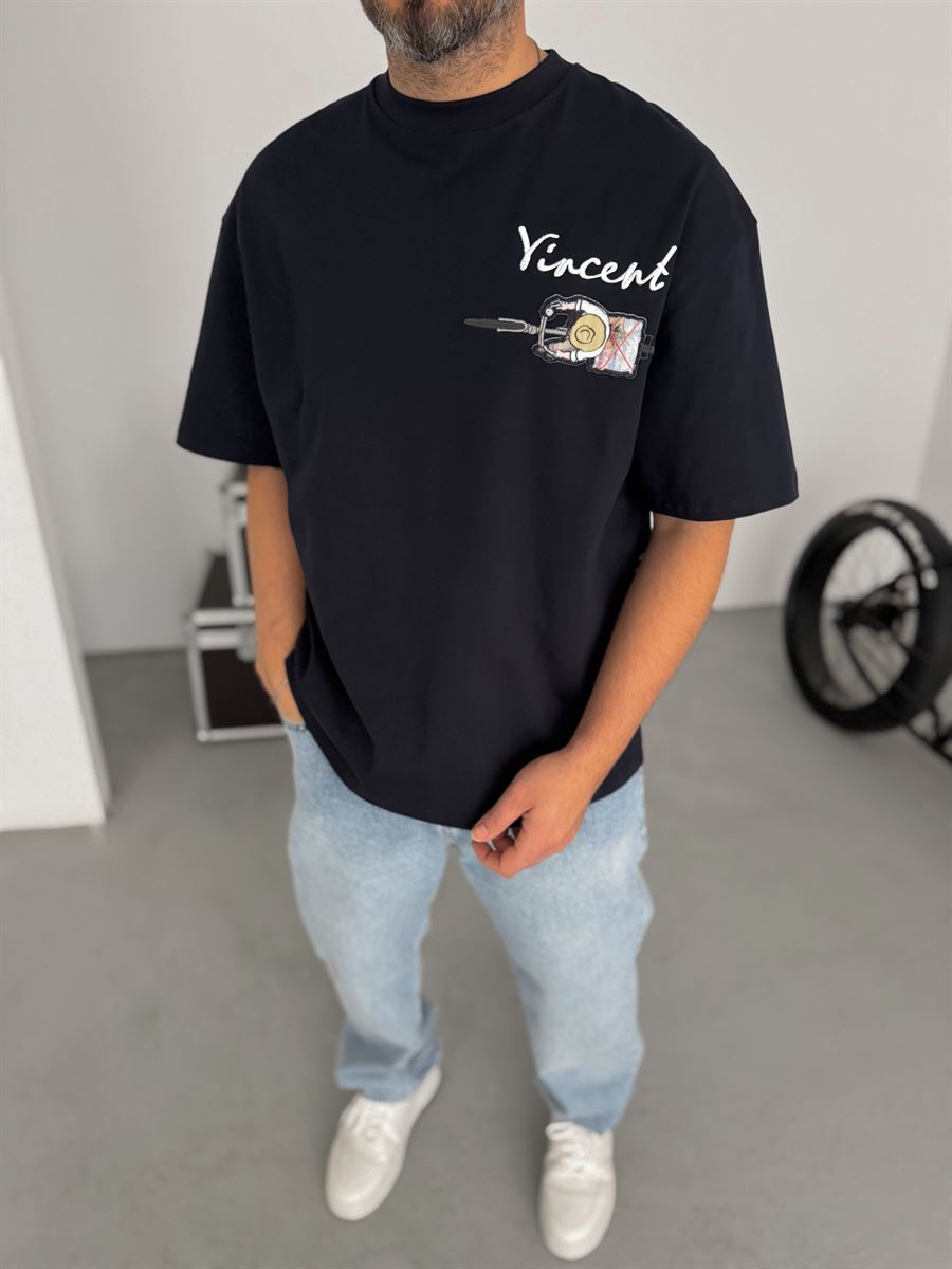 Navy Blue Vincent Embroidered Oversize T-Shirt SW-5073