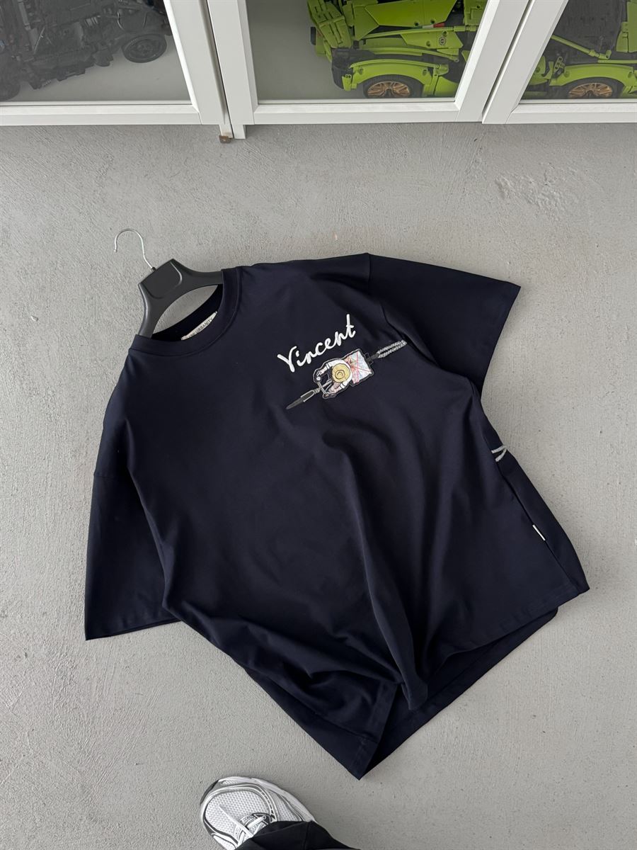 Navy Blue Vincent Embroidered Oversize T-Shirt SW-5073