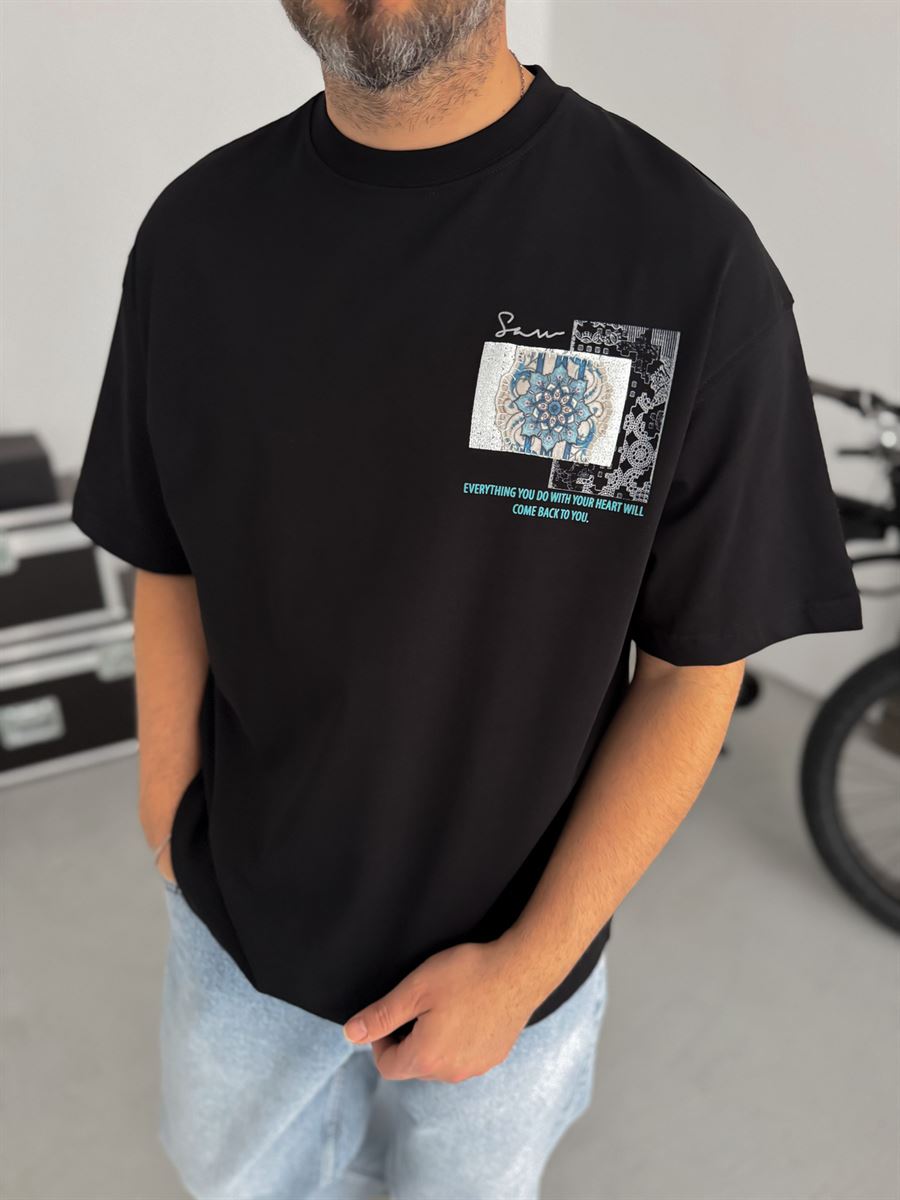 Black Oversize T-Shirt with Back Motif Patch SW-5075