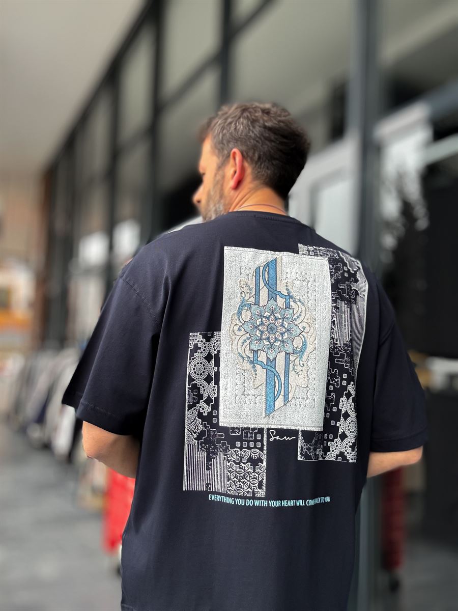 Navy Blue Oversize T-Shirt with Back Patchwork Pattern SW-5075